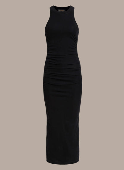 SLEEVELESS MIDI RUCHED DRESS - Black