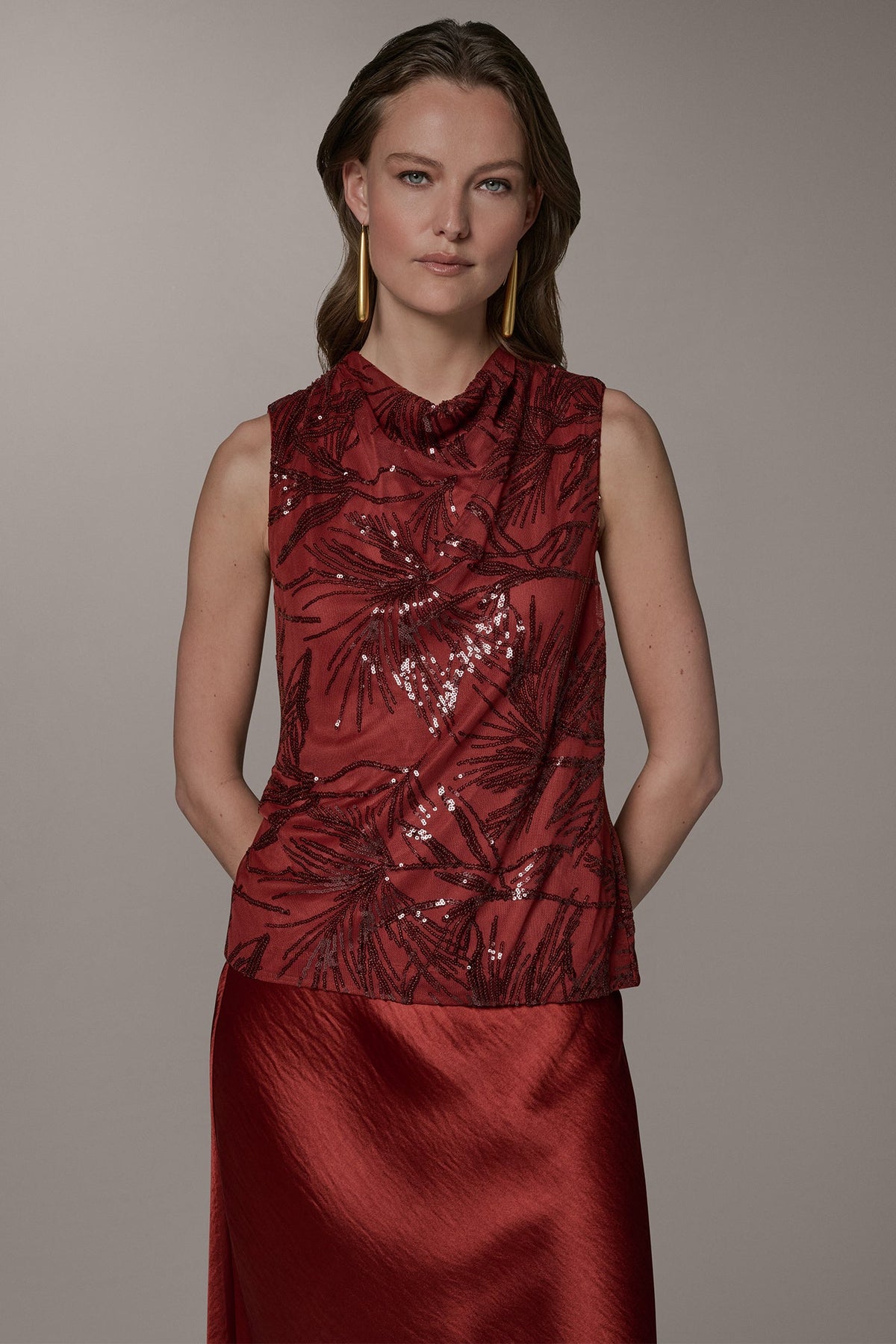 SLEEVELESS COWL NECK SEQUIN BLOUSE - Sunbaked Multi