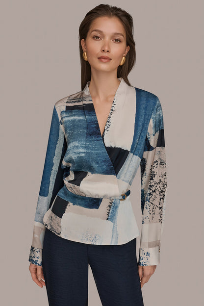 FAUX WRAP BLOUSE - Washed Indigo/Cream Multi
