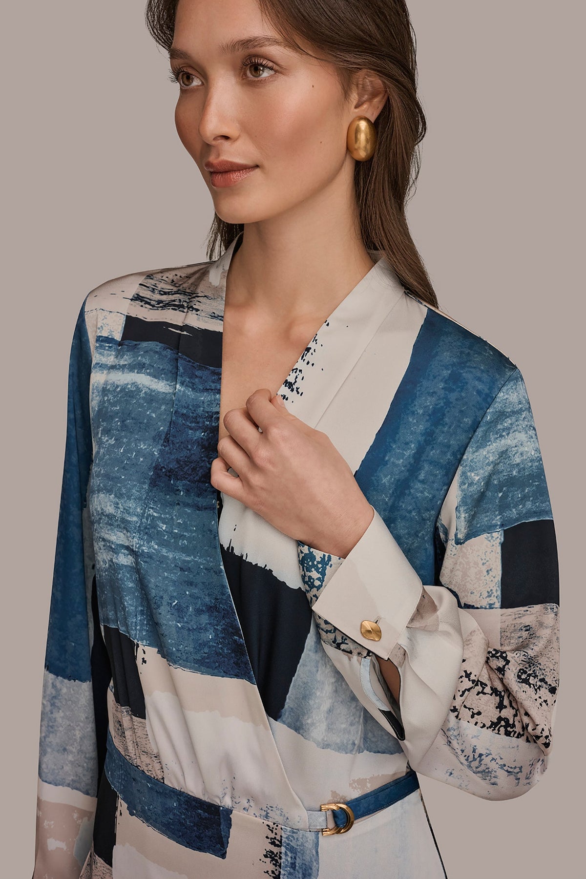 FAUX WRAP BLOUSE - Washed Indigo/Cream Multi