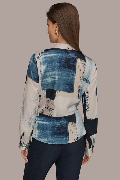 FAUX WRAP BLOUSE - Washed Indigo/Cream Multi