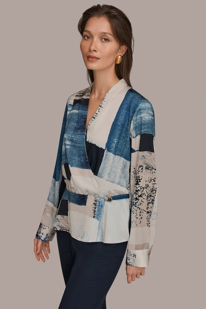FAUX WRAP BLOUSE - Washed Indigo/Cream Multi