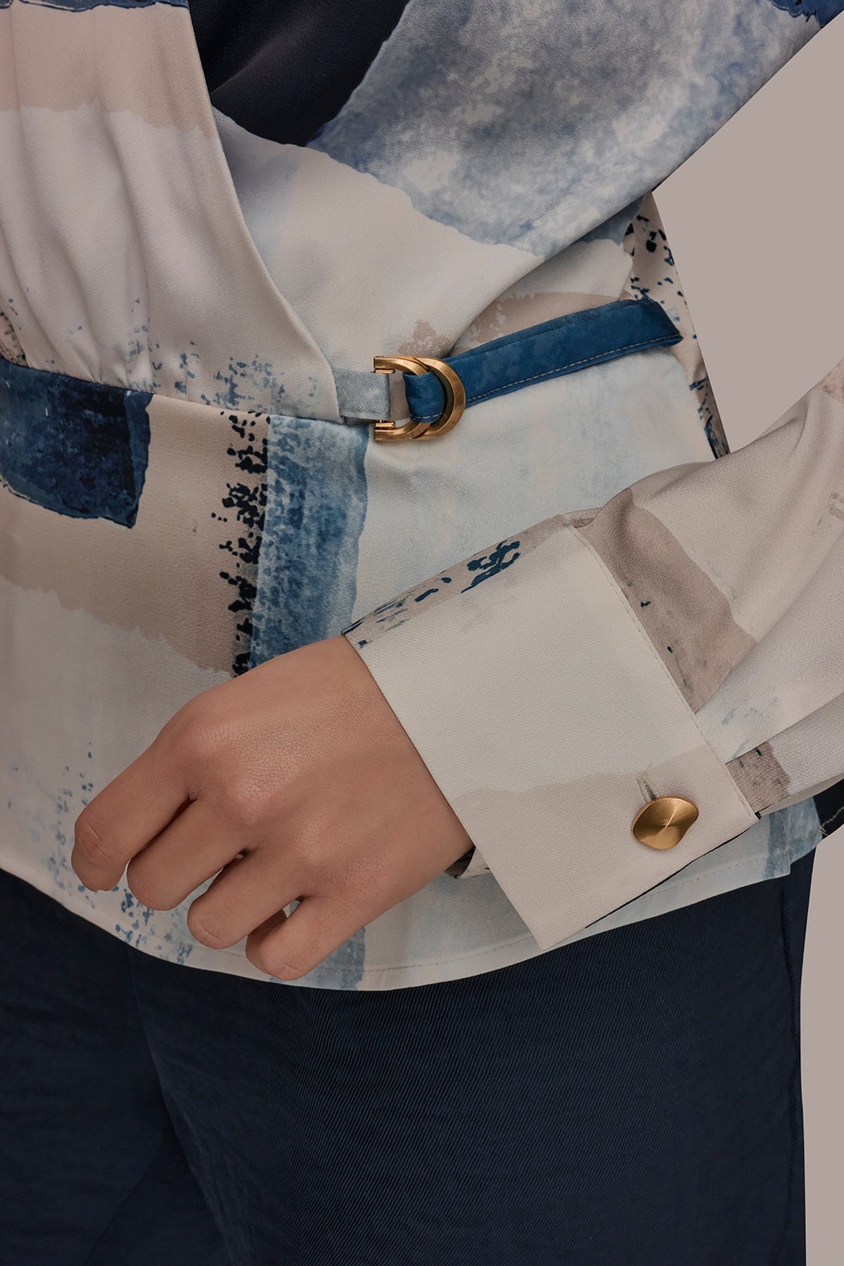 FAUX WRAP BLOUSE - Washed Indigo/Cream Multi