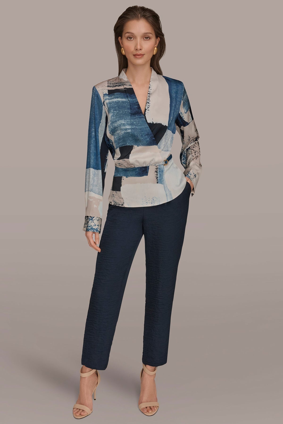 FAUX WRAP BLOUSE - Washed Indigo/Cream Multi