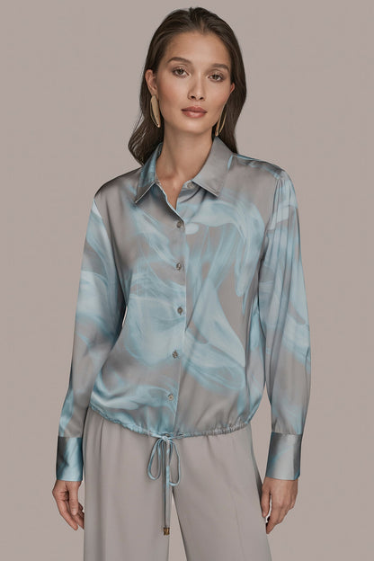 LONG-SLEEVE PRINTED DRAWSTRING BLOUSE - Misty Haze