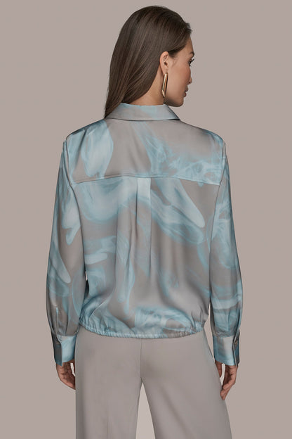 LONG-SLEEVE PRINTED DRAWSTRING BLOUSE - Misty Haze