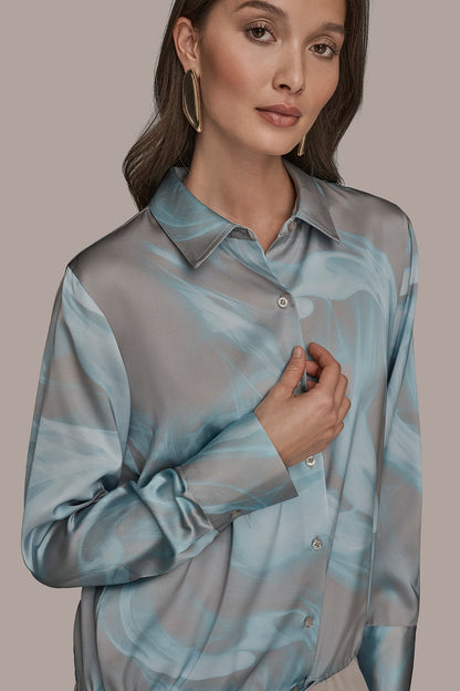 LONG-SLEEVE PRINTED DRAWSTRING BLOUSE - Misty Haze