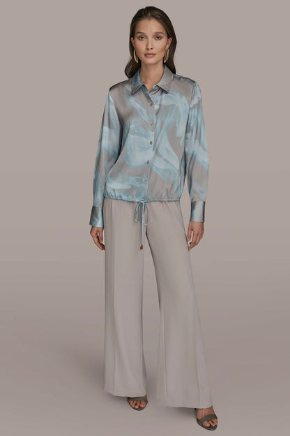 LONG-SLEEVE PRINTED DRAWSTRING BLOUSE - Misty Haze