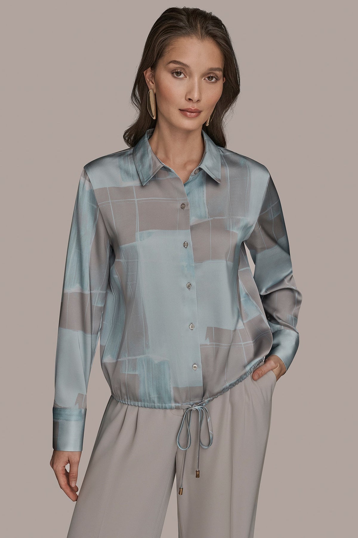 LONG-SLEEVE PRINTED DRAWSTRING BLOUSE - Mist Combo