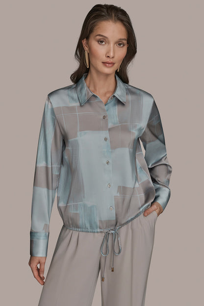 LONG-SLEEVE PRINTED DRAWSTRING BLOUSE - Mist Combo