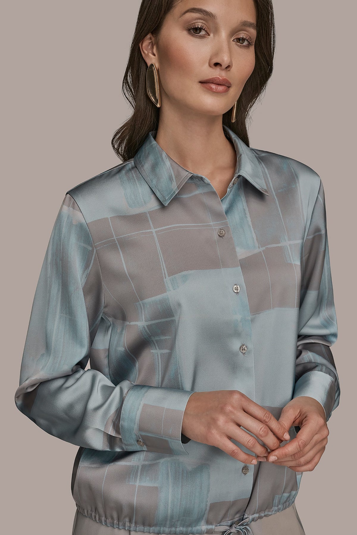 LONG-SLEEVE PRINTED DRAWSTRING BLOUSE - Mist Combo