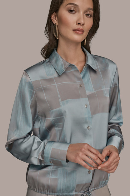 LONG-SLEEVE PRINTED DRAWSTRING BLOUSE - Mist Combo