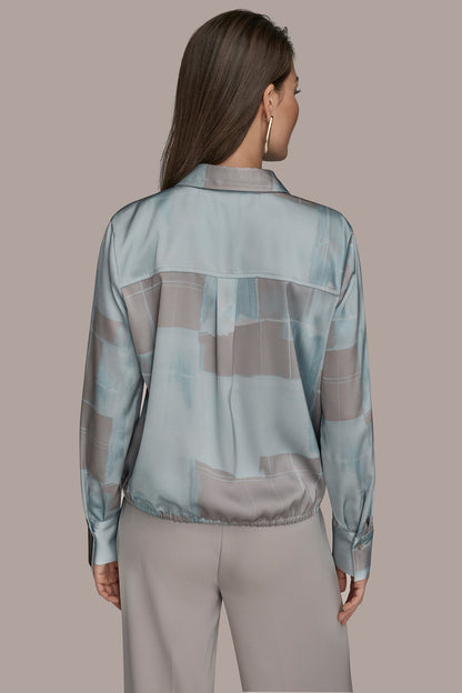 LONG-SLEEVE PRINTED DRAWSTRING BLOUSE - Mist Combo