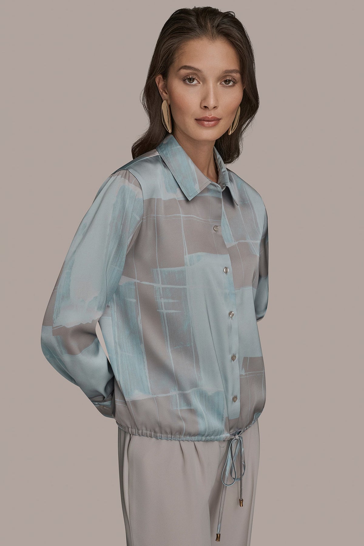 LONG-SLEEVE PRINTED DRAWSTRING BLOUSE - Mist Combo
