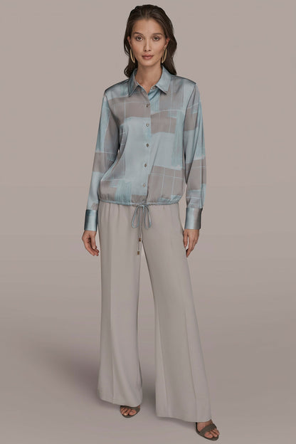 LONG-SLEEVE PRINTED DRAWSTRING BLOUSE - Mist Combo