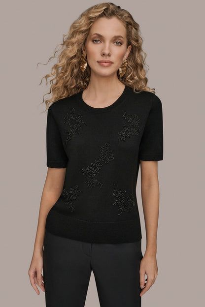 SHORT-SLEEVE FLORAL WOOL SWEATER - Black