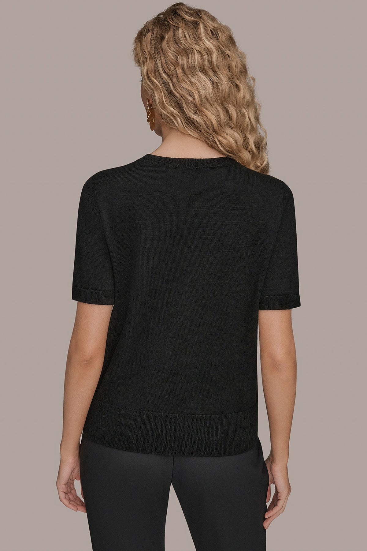 SHORT-SLEEVE FLORAL WOOL SWEATER - Black