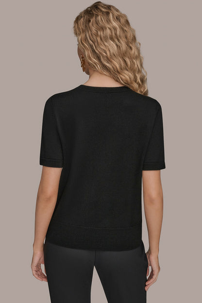 SHORT-SLEEVE FLORAL WOOL SWEATER - Black