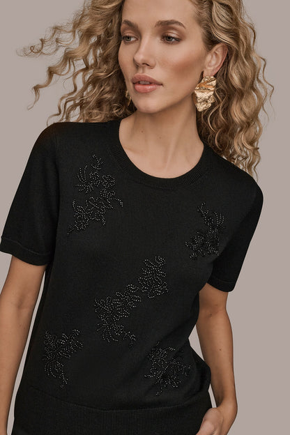 SHORT-SLEEVE FLORAL WOOL SWEATER - Black
