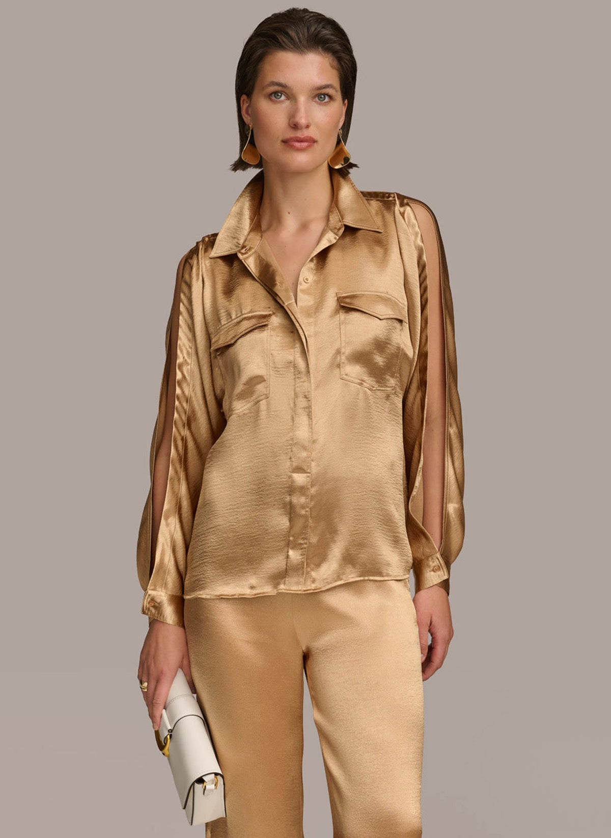 COLD SHOULDER COLLARED BUTTON DOWN - Fawn