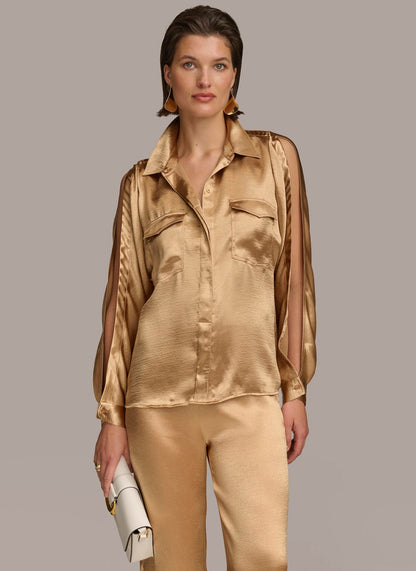 COLD SHOULDER COLLARED BUTTON DOWN - Fawn
