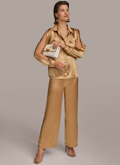 COLD SHOULDER COLLARED BUTTON DOWN - Fawn