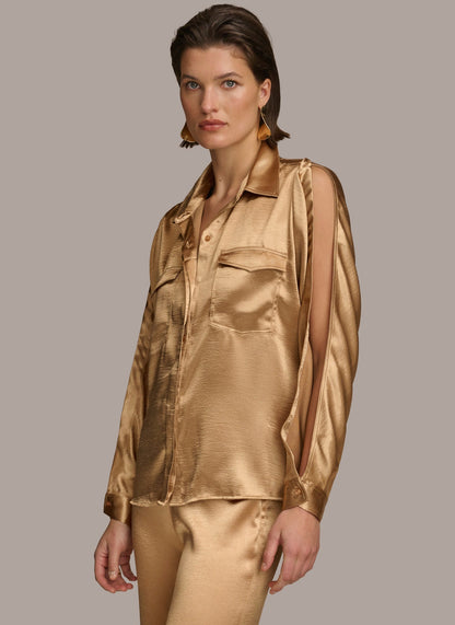COLD SHOULDER COLLARED BUTTON DOWN - Fawn