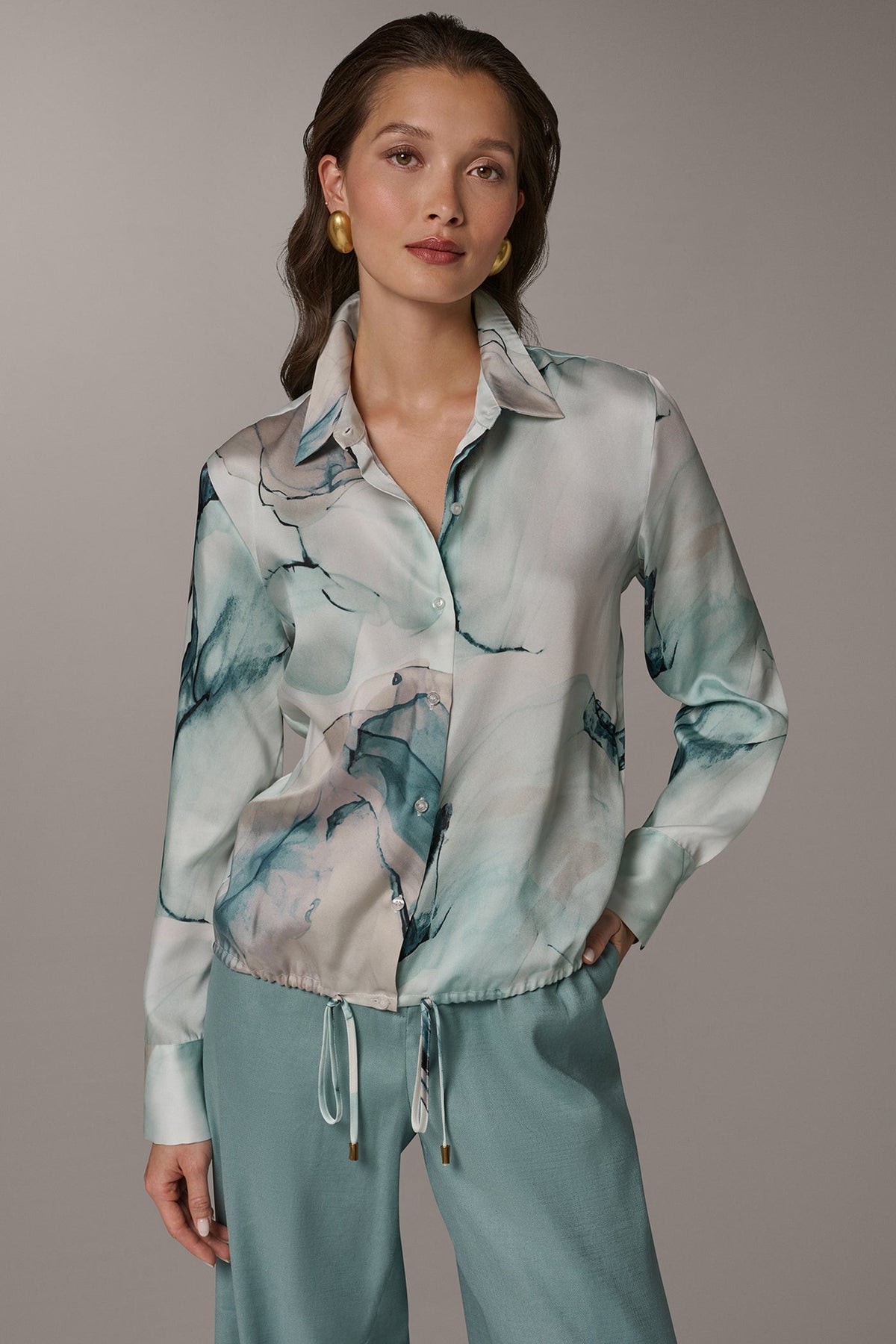 PRINTED DRAWSTRING HEM BLOUSE - Skylight Multi