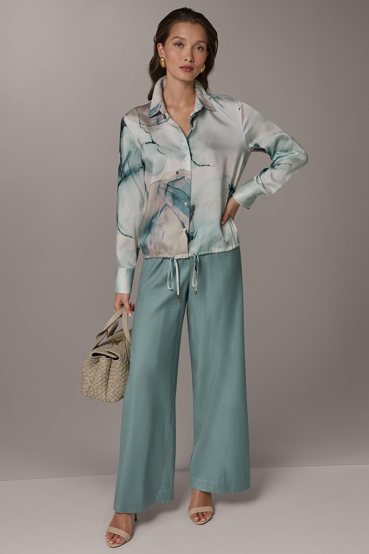 PRINTED DRAWSTRING HEM BLOUSE - Skylight Multi