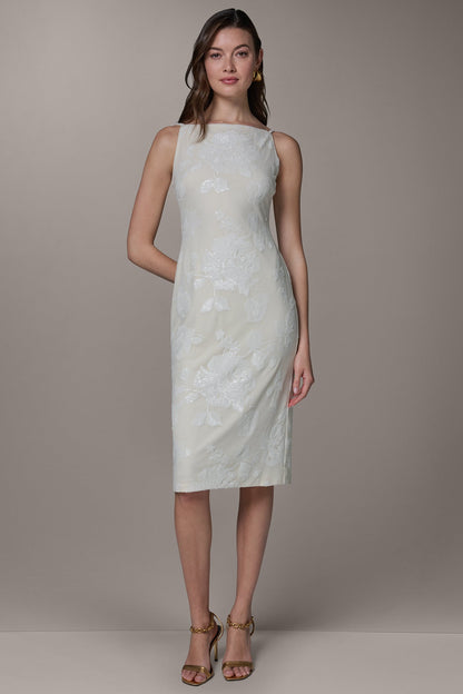 FLORAL SEQUIN MIDI SHEATH DRESS - Cream