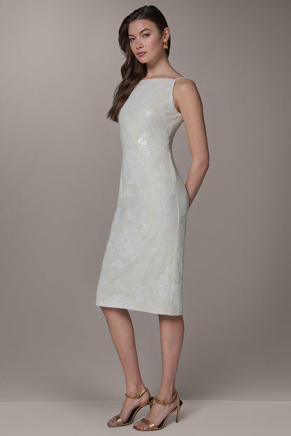 FLORAL SEQUIN MIDI SHEATH DRESS - Cream