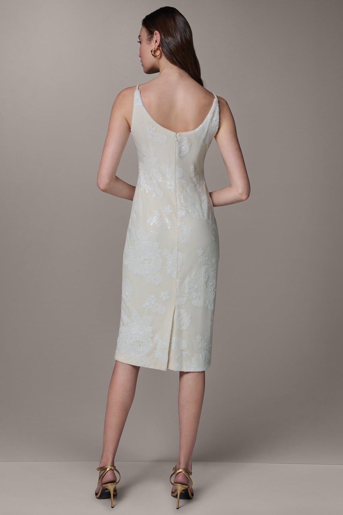 FLORAL SEQUIN MIDI SHEATH DRESS - Cream