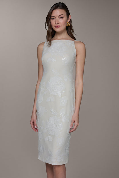 FLORAL SEQUIN MIDI SHEATH DRESS - Cream