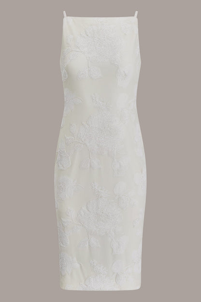 FLORAL SEQUIN MIDI SHEATH DRESS - Cream