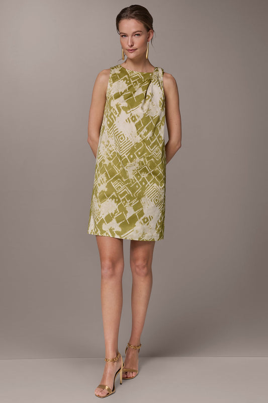 COTTON-SATEEN TWIST SHOULDER SHIFT DRESS - Kiwi Multi