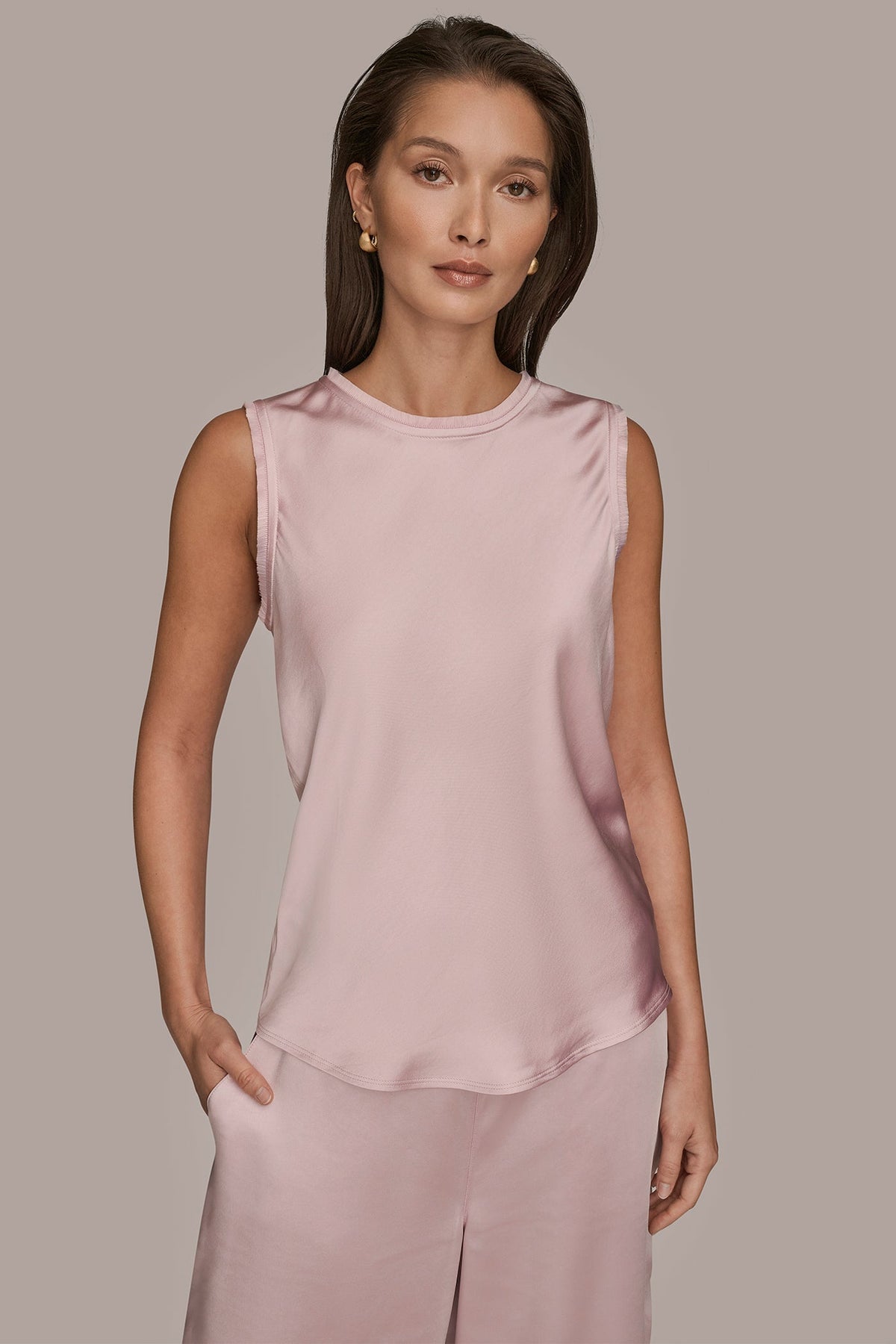 SATIN FRINGE-TRIMMED SLEEVELESS BLOUSE - PINK WISTERIA