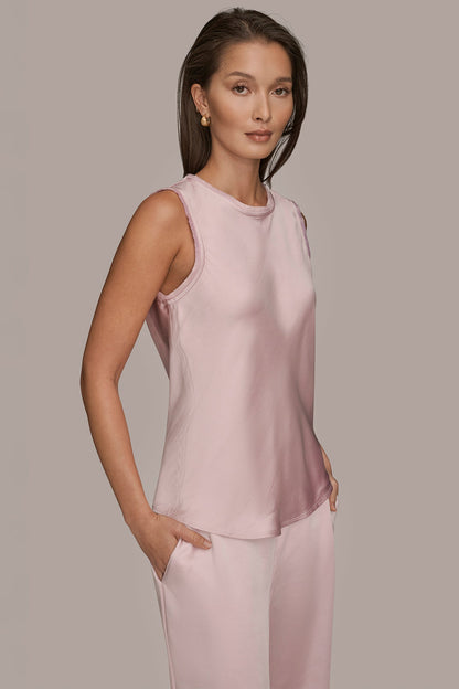 SATIN FRINGE-TRIMMED SLEEVELESS BLOUSE - PINK WISTERIA