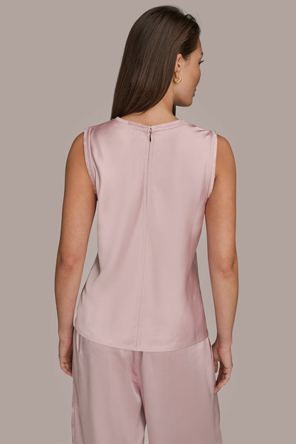 SATIN FRINGE-TRIMMED SLEEVELESS BLOUSE - PINK WISTERIA