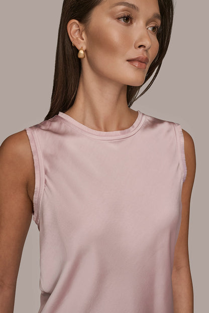 SATIN FRINGE-TRIMMED SLEEVELESS BLOUSE - PINK WISTERIA