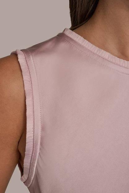 SATIN FRINGE-TRIMMED SLEEVELESS BLOUSE - PINK WISTERIA
