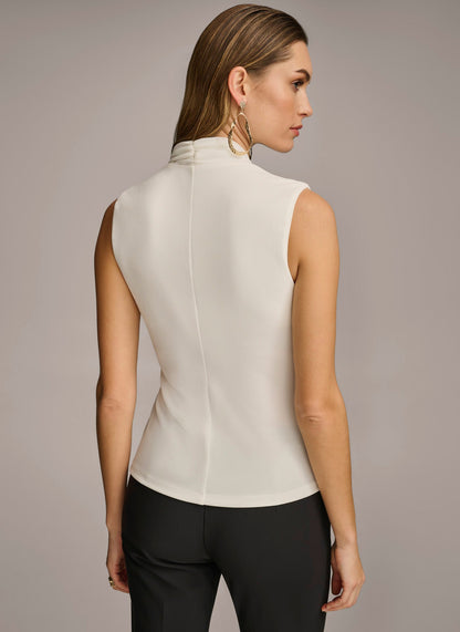 V NECK WITH HARDWARE AND RUCHED DETAIL - Cream