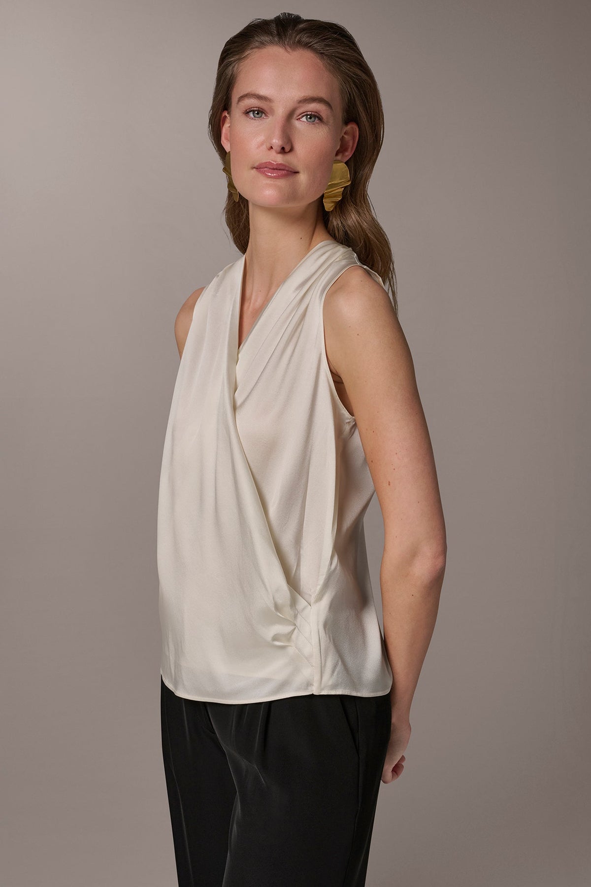 STRETCH-SILK WRAP-EFFECT BLOUSE - Cream