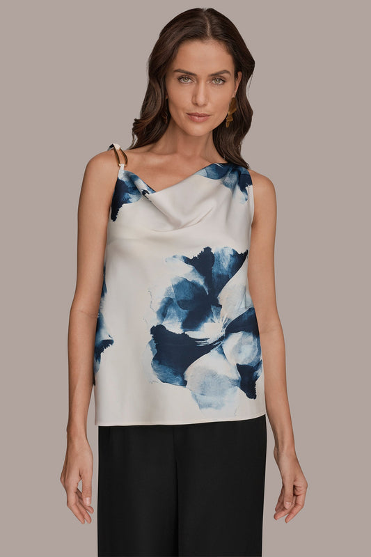 SATIN FLORAL COWL-NECK CUTOUT SHOULDER CAMI - Nightfall/Sea Mist