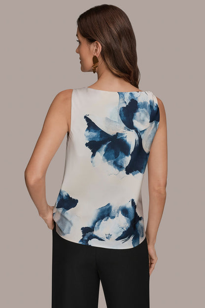 SATIN FLORAL COWL-NECK CUTOUT SHOULDER CAMI - Nightfall/Sea Mist
