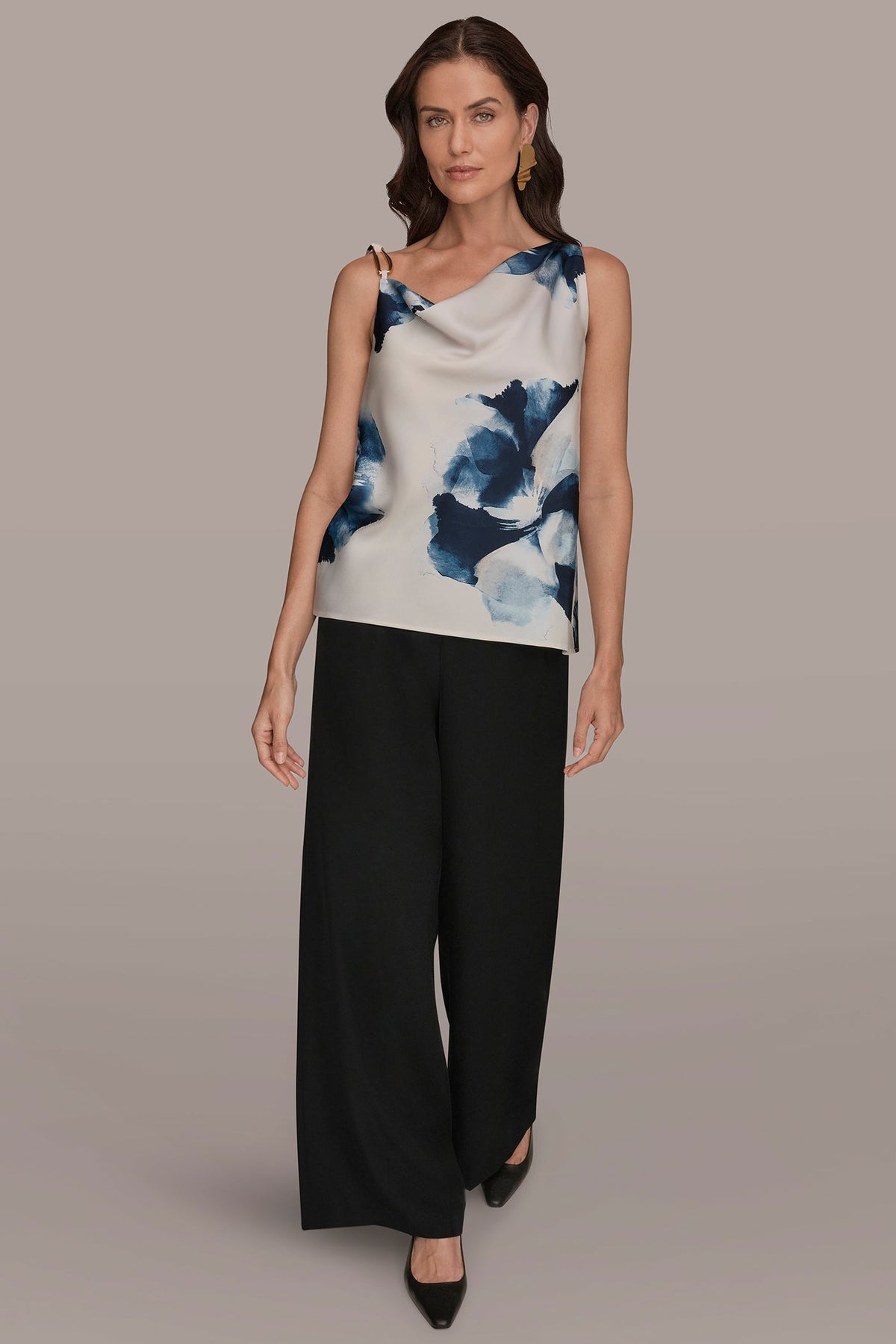 SATIN FLORAL COWL-NECK CUTOUT SHOULDER CAMI - Nightfall/Sea Mist