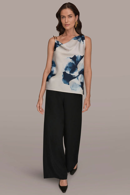 SATIN FLORAL COWL-NECK CUTOUT SHOULDER CAMI - Nightfall/Sea Mist
