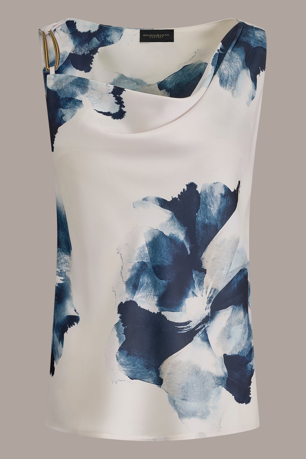 SATIN FLORAL COWL-NECK CUTOUT SHOULDER CAMI - Nightfall/Sea Mist