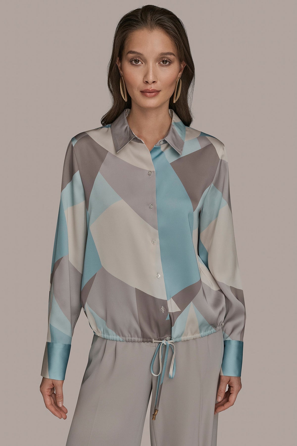LONG-SLEEVE PRINTED DRAWSTRING BLOUSE - Mist Green Multi