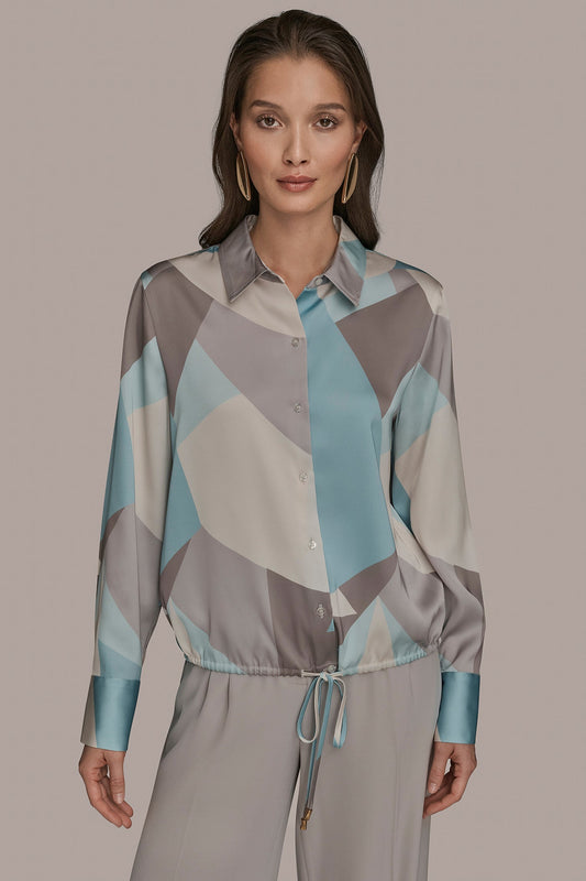 LONG-SLEEVE PRINTED DRAWSTRING BLOUSE - Mist Green Multi