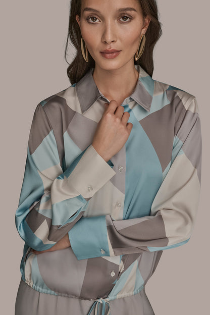LONG-SLEEVE PRINTED DRAWSTRING BLOUSE - Mist Green Multi